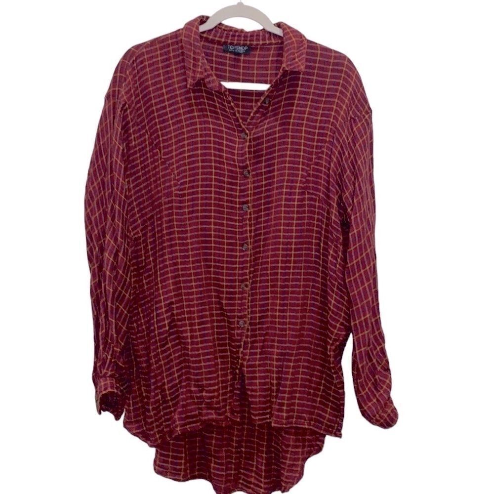 Topshop Plaid Long Side Slit Button Down Top Beachy Coverup